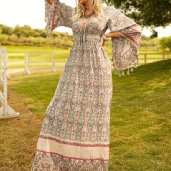 Bohemian Floral Print Woven Bell Sleeve Flounce Gypsy Maxi Dress XL - Picture 4 of 14